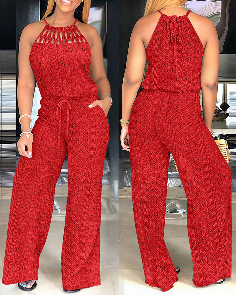 ChicMeLive Women's Halter Tie Knit Jacquard Jumpsuit Hollow-Out Criss-Cross Front Wide-Leg Romper with Adjustable Drawstring Waist