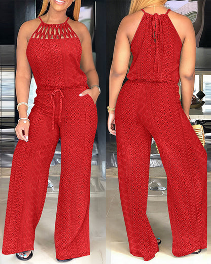 ChicMeLive Women's Halter Tie Knit Jacquard Jumpsuit Hollow-Out Criss-Cross Front Wide-Leg Romper with Adjustable Drawstring Waist
