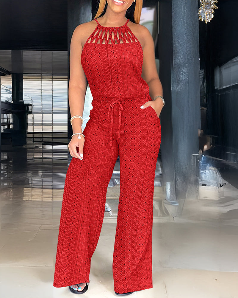 ChicMeLive Women's Halter Tie Knit Jacquard Jumpsuit Hollow-Out Criss-Cross Front Wide-Leg Romper with Adjustable Drawstring Waist