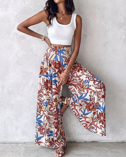 Vintage Floral Print High Waist Shirred Elastic Waist Wide Leg Pants
