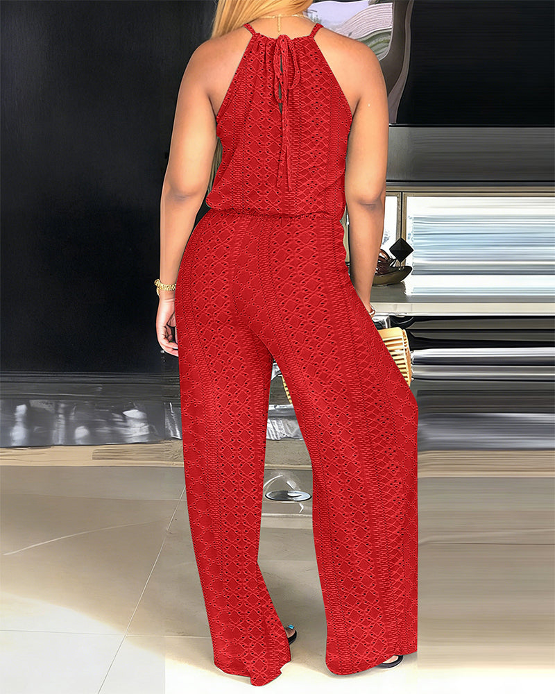 ChicMeLive Women's Halter Tie Knit Jacquard Jumpsuit Hollow-Out Criss-Cross Front Wide-Leg Romper with Adjustable Drawstring Waist