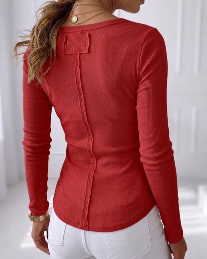Women's Ribbed Henley Long Sleeve Top Slim Fit Base Layer Tee
