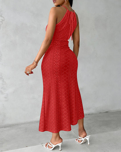 Adjustable Halter Hollow-out Back Ruched Front Slit Dress Guipure Lace Yoke Eyelet Embroidery Vacation Dress