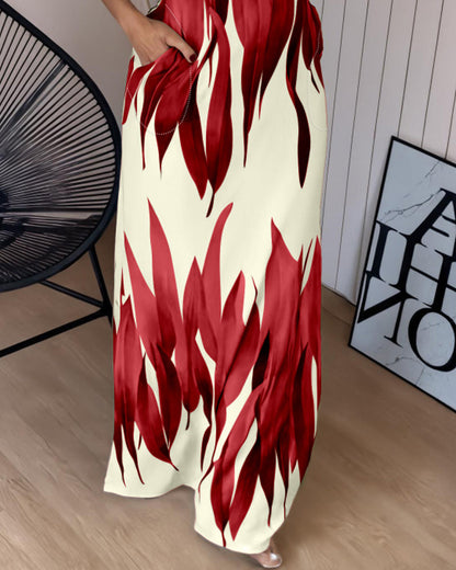 Plants Print Square Neck Thick Strap Maxi Dress Casual Slim Fit Side Slit Vacation Dress with Pockets