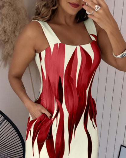 Plants Print Square Neck Thick Strap Maxi Dress Casual Slim Fit Side Slit Vacation Dress with Pockets