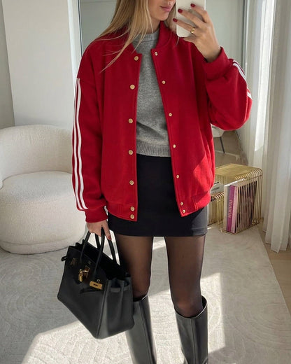 Women's Varsity Jacket Contrast Side Striped Loose Baseball Jacket Button Up Bomber Jacket
