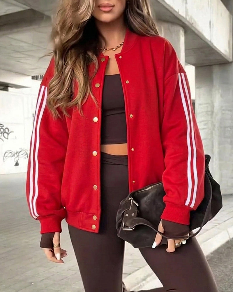 Women's Varsity Jacket Contrast Side Striped Loose Baseball Jacket Button Up Bomber Jacket