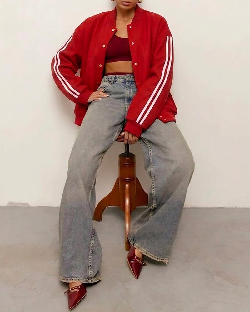 Women's Varsity Jacket Contrast Side Striped Loose Baseball Jacket Button Up Bomber Jacket