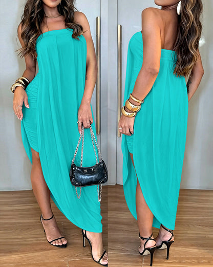 Women's Faux Two-Piece Dress Strapless Tube Dress Ruched Asymmetric Hem Dress with Detachable Clear Straps