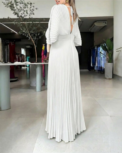 Deep V-Neck Batwing Sleeve High Waist Pleated Maxi Dress Casual Cinched Waist Backless Tied Detail Zipper Back Evening Dress