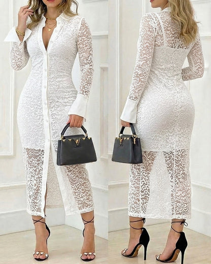 ChicMeLive Women's Stand Collar Floral Lace Mid-length Dress Long Sleeve Button Down Bodycon Dress with Cami Lining Set