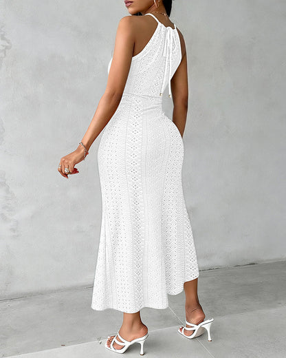Adjustable Halter Hollow-out Back Ruched Front Slit Dress Guipure Lace Yoke Eyelet Embroidery Vacation Dress
