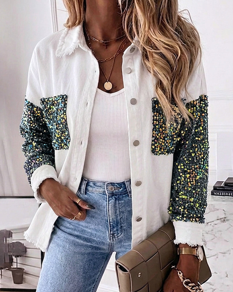 Women's Sequin Patchwork Denim Jacket Raw Hem Button Down Coat Long Sleeve Shacket with Pockets