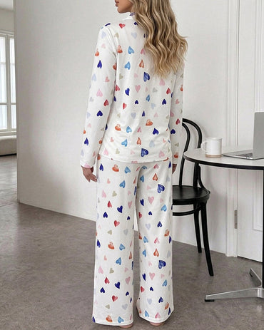 Women's Colorful Heart Print 2 Piece Pajama Set Long Sleeve Button Down Top and High Waisted Pants Casual Lounge Sets