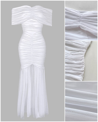 Foldover Off Shoulder Ruched Cinched Waist Minimalist Evening Dress Slim Fit Mermaid Hem Party Dress