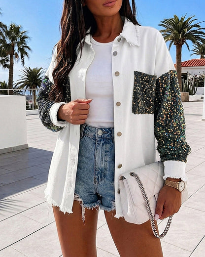 Women's Sequin Patchwork Denim Jacket Raw Hem Button Down Coat Long Sleeve Shacket with Pockets