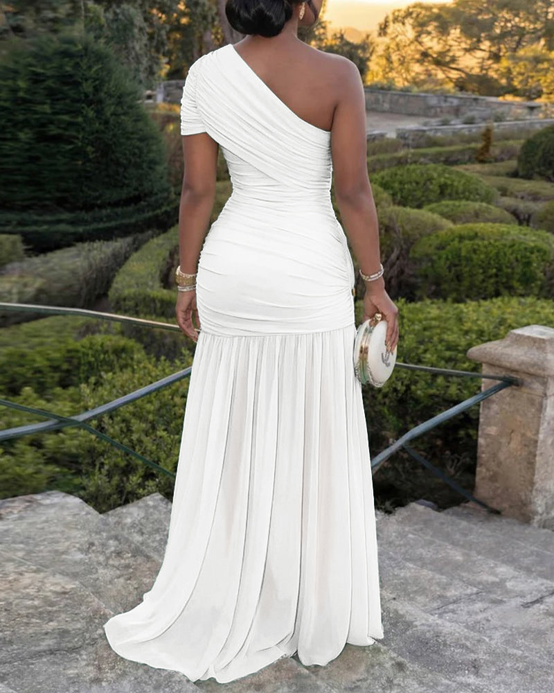 ChicMeLive Women's One Shoulder Ruched Mesh Maxi Dress Gold Buckle High Slit Bodycon Evening Gown Party Dress