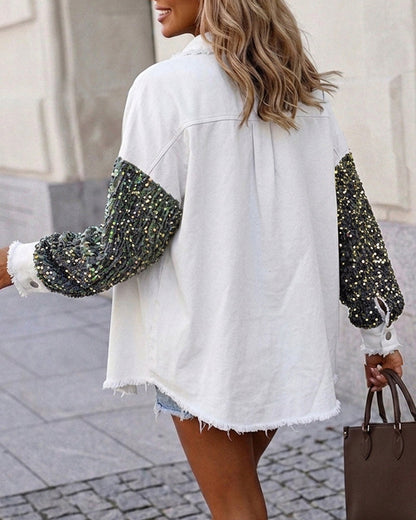 Women's Sequin Patchwork Denim Jacket Raw Hem Button Down Coat Long Sleeve Shacket with Pockets