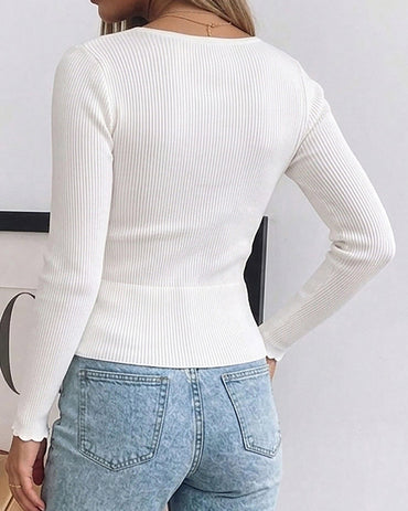 Women's Scalloped Notch Neck Knit Sweater Slim Fit Long Sleeve Ribbed Pullover Top