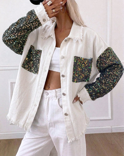 Women's Sequin Patchwork Denim Jacket Raw Hem Button Down Coat Long Sleeve Shacket with Pockets