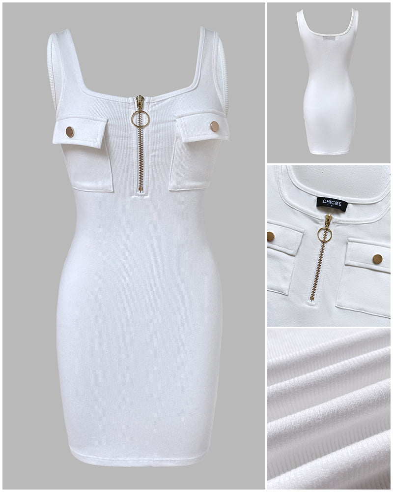 ChicMeLive Women's Gold Zipper Sleeveless Mini Dress Rib-Knit Bodycon Dress with Pockets
