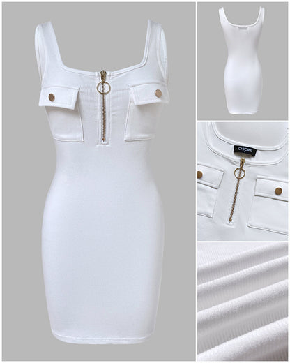 ChicMeLive Women's Gold Zipper Sleeveless Mini Dress Rib-Knit Bodycon Dress with Pockets