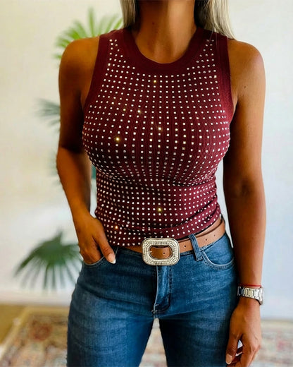 Rhinestone Decor O-neck Sleeveless Tee Slim Fit Ribbed Tank Top