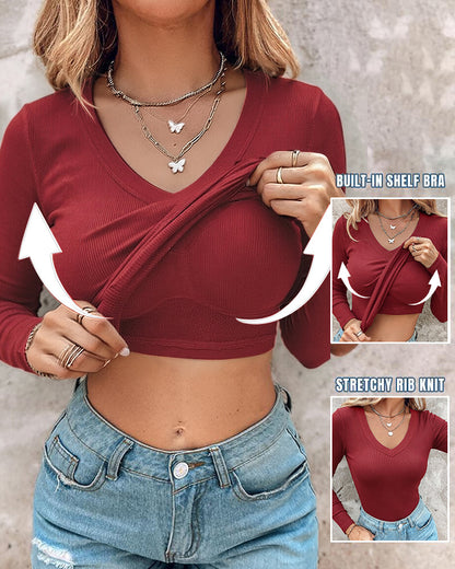 Women's V Neck Long Sleeve Ribbed Knit Top Slim Fit Base Layer Shirt Soft Stretchy Casual Tee with Built-in Bra