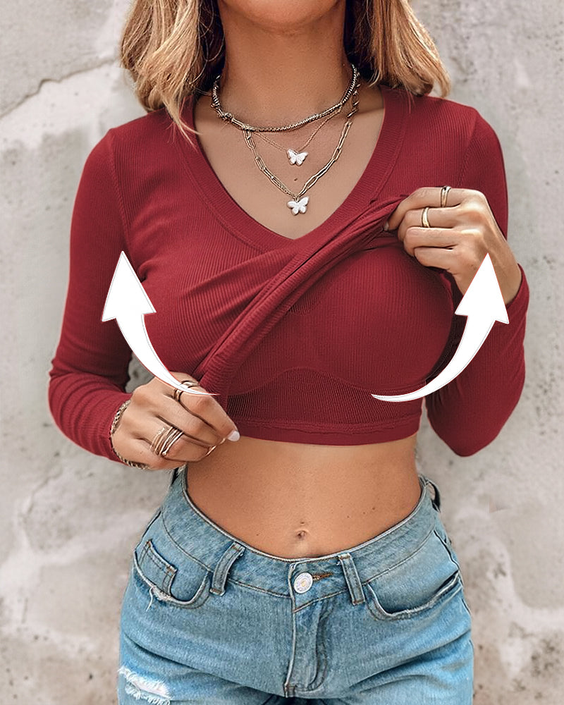 Women's V Neck Long Sleeve Ribbed Knit Top Slim Fit Base Layer Shirt Soft Stretchy Casual Tee with Built-in Bra
