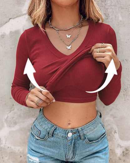 Women's V Neck Long Sleeve Ribbed Knit Top Slim Fit Base Layer Shirt Soft Stretchy Casual Tee with Built-in Bra