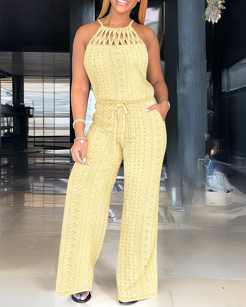 ChicMeLive Women's Halter Tie Knit Jacquard Jumpsuit Hollow-Out Criss-Cross Front Wide-Leg Romper with Adjustable Drawstring Waist