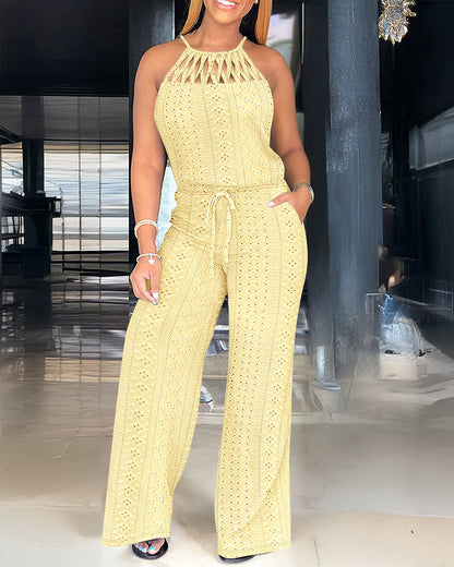 ChicMeLive Women's Halter Tie Knit Jacquard Jumpsuit Hollow-Out Criss-Cross Front Wide-Leg Romper with Adjustable Drawstring Waist