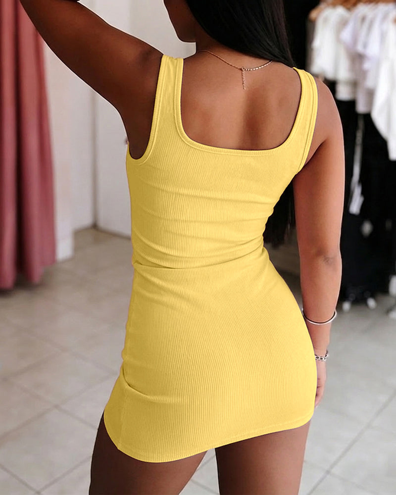 ChicMeLive Women's Gold Zipper Sleeveless Mini Dress Rib-Knit Bodycon Dress with Pockets
