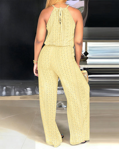 ChicMeLive Women's Halter Tie Knit Jacquard Jumpsuit Hollow-Out Criss-Cross Front Wide-Leg Romper with Adjustable Drawstring Waist