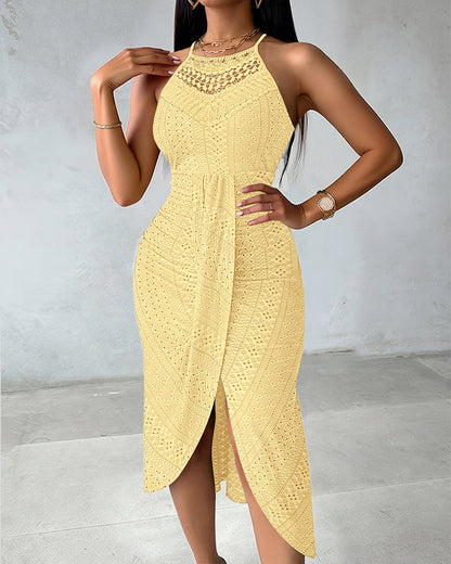Adjustable Halter Hollow-out Back Ruched Front Slit Dress Guipure Lace Yoke Eyelet Embroidery Vacation Dress