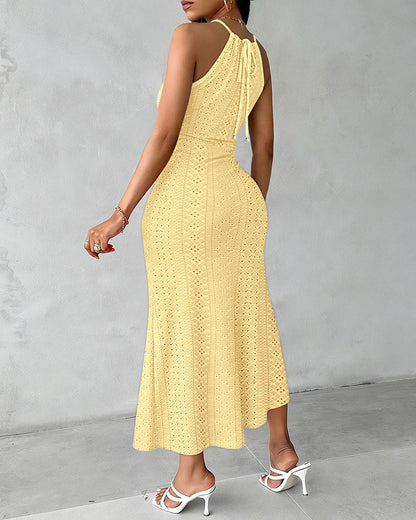 Adjustable Halter Hollow-out Back Ruched Front Slit Dress Guipure Lace Yoke Eyelet Embroidery Vacation Dress