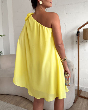 3D Flower Decor One Shoulder Sleeveless Mini Dress Casual A Line Vacation Dress