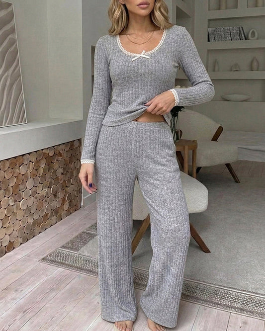 Women's 2 Piece Ribbed Lounge Sets Lace Trim Long Sleeve Top and High Waisted Pants Pajamas Sets with Pockets
