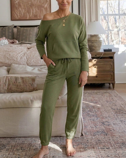 Women's 2 Piece Sweatsuit Set Crewneck Drop Shoulder Sweatshirt and High Waisted Drawstring Joggers Casual Lounge Set